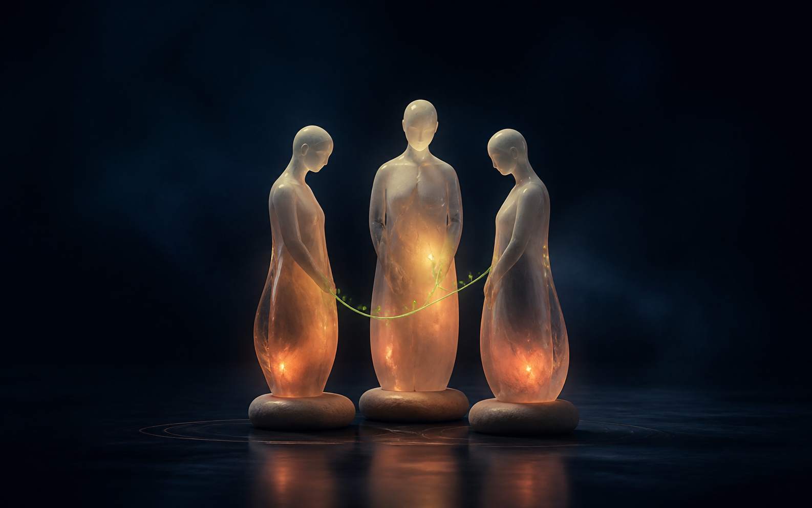 Three warm human forms connected by a living thread